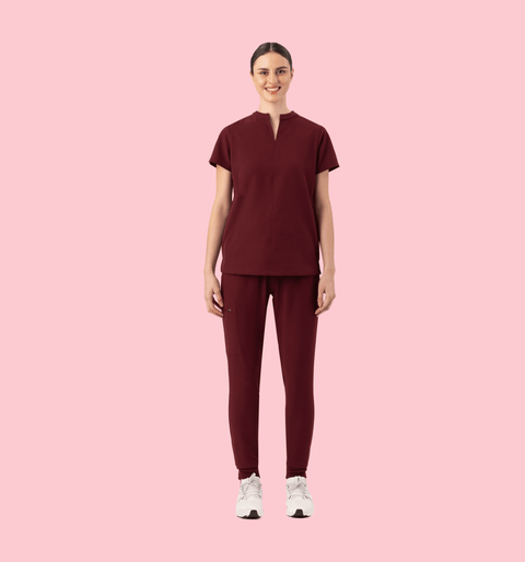 Halo Two Pocket Slim Top Burgundy - Vaayu Scrubs