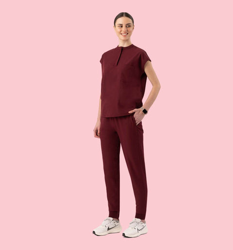 Women's High Waist Joggers Burgundy - Vaayu Scrubs 